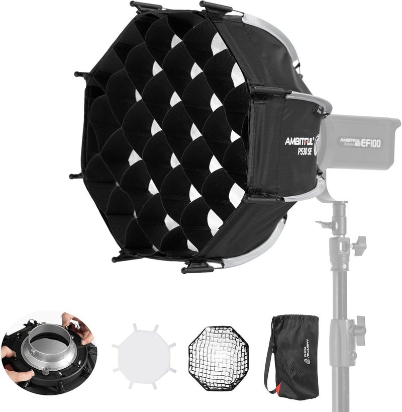 AMBITFUL 11.8"/30cm Mini Softbox Quick Release & Fold Soft Box Bowens Mount with Speedlight Bracket,Compatible with COB LED Video Light with Diffusers/Honeycomb Grid/Bag (PS 30 SE) - Image 1